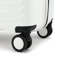 Large check-in suitcase wheel with black housing and white shell side edge