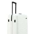 Hard-sided luggage suitcase, white with black handle, front and side detail view