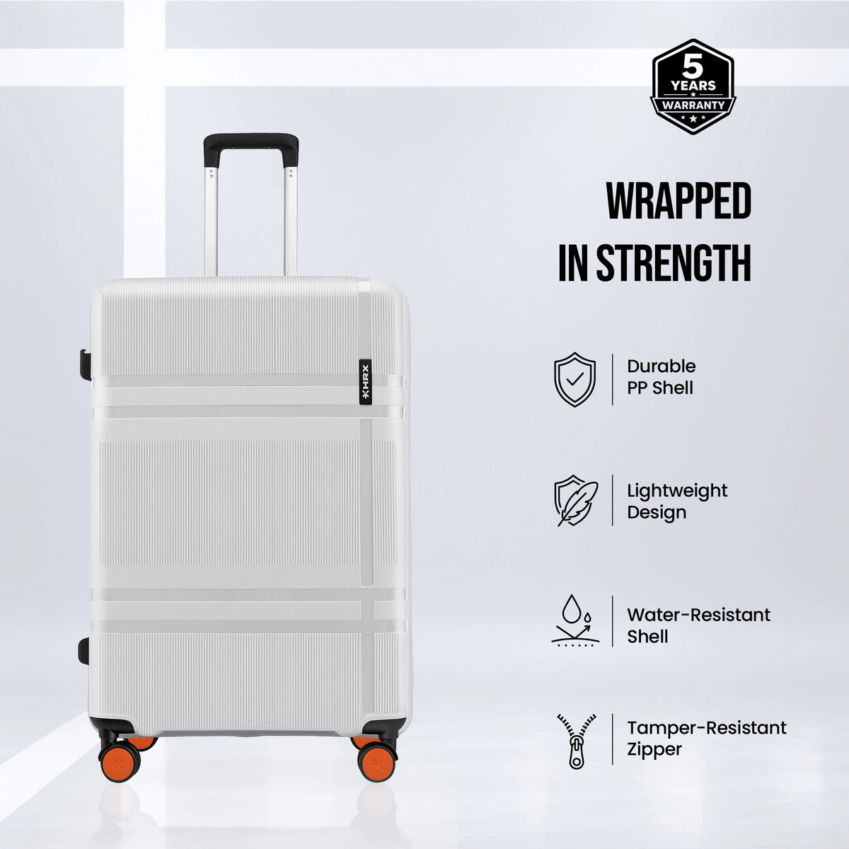 HRX Helium suitcase front view with top handle, orange wheels, and side zipper