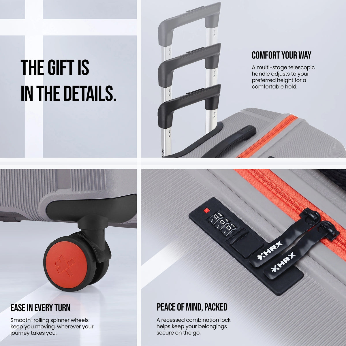 HRX Helium suitcase details: telescopic handle, compression straps, orange-accented wheels