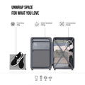 HRX Helium suitcase open interior with zip compartments, elastic straps, and shoe bag