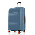 Blue polycarbonate check-in suitcase side view with orange trim and zipper