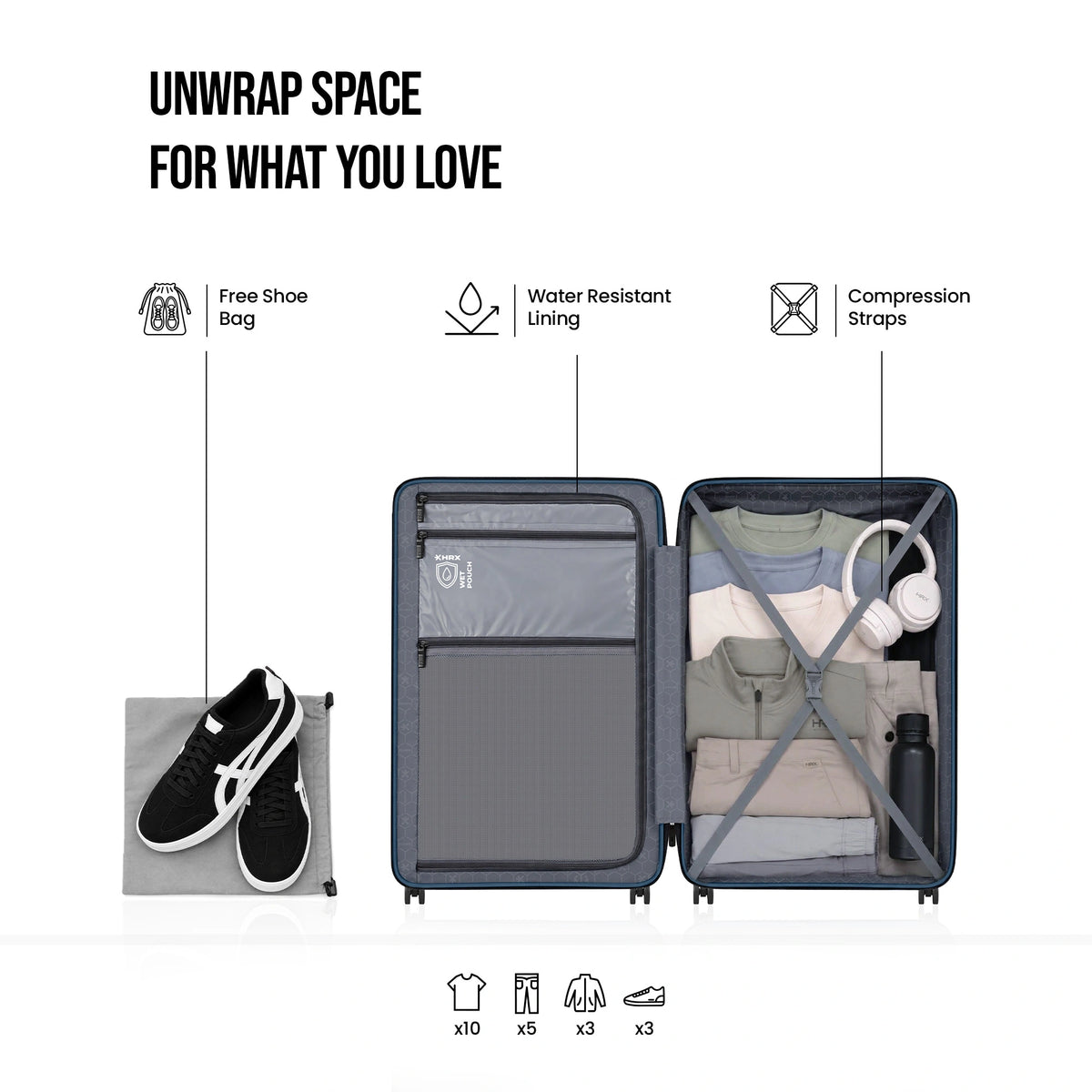Blue check-in suitcase open interior with mesh pocket and compression straps