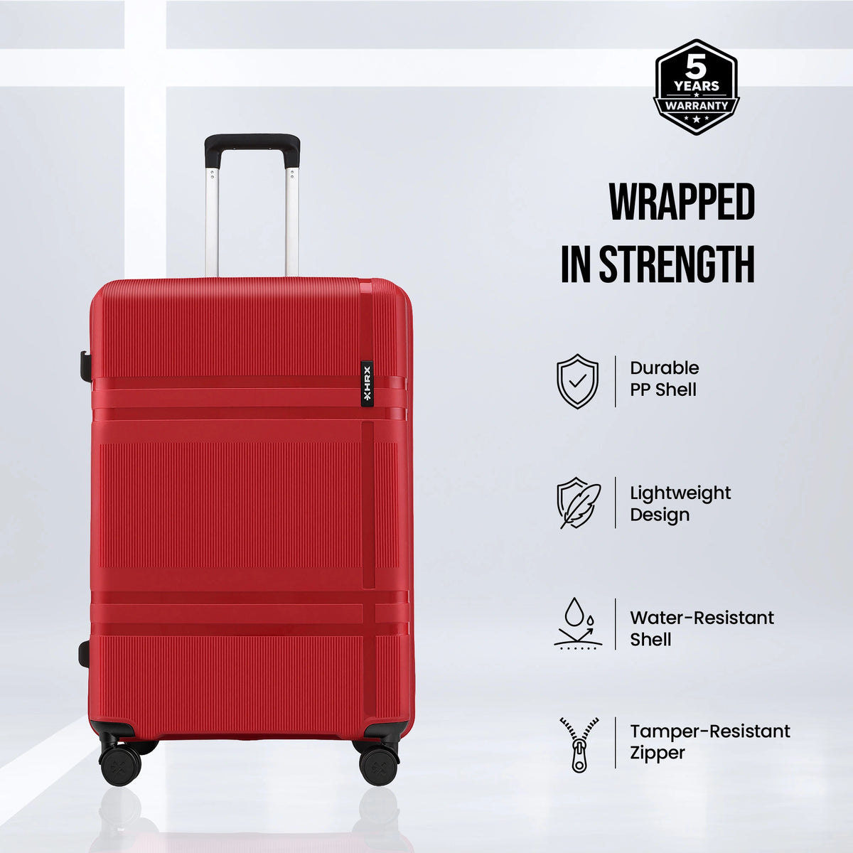 Large red polycarbonate check-in suitcase with durable shell, water-resistant design, tamper-lock