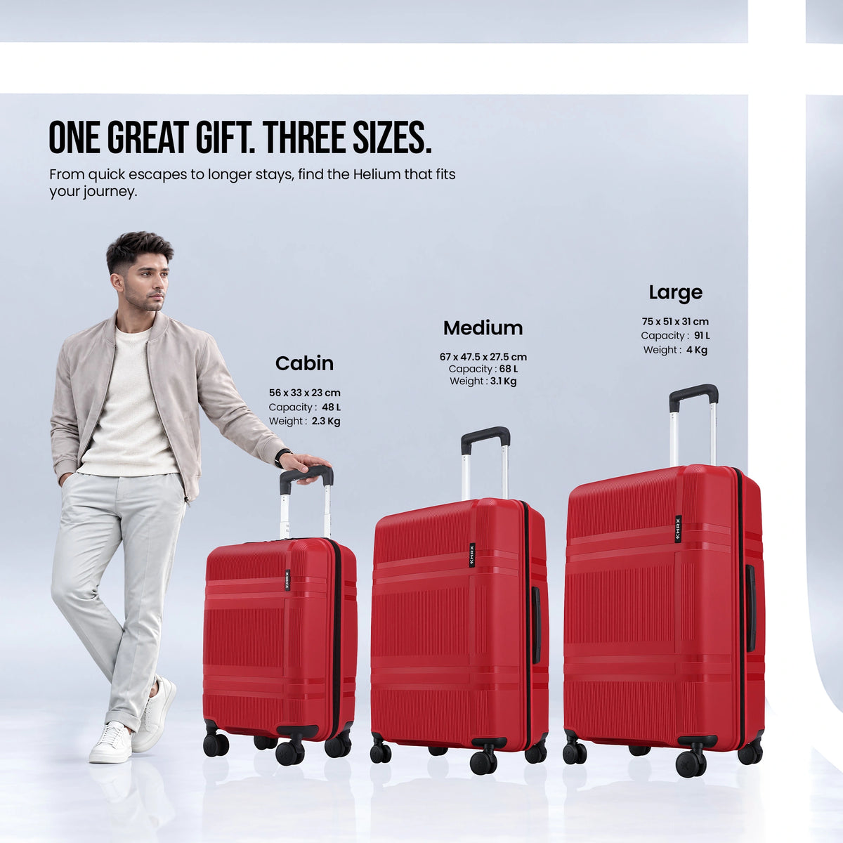 Set of three check-in suitcases in red with different sizes and telescopic handles