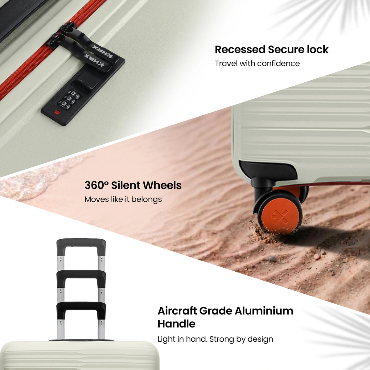 Light grey suitcase with recessed secure lock, 8 silent wheels, and aluminum handlle