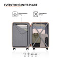 Open light grey suitcase interior with divider panels and compression packing straps
