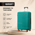 Teal HRX check-in suitcase side view with 8 wheels and upright handle