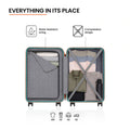 Teal polypropylene check-in suitcase open view with compartments and straps