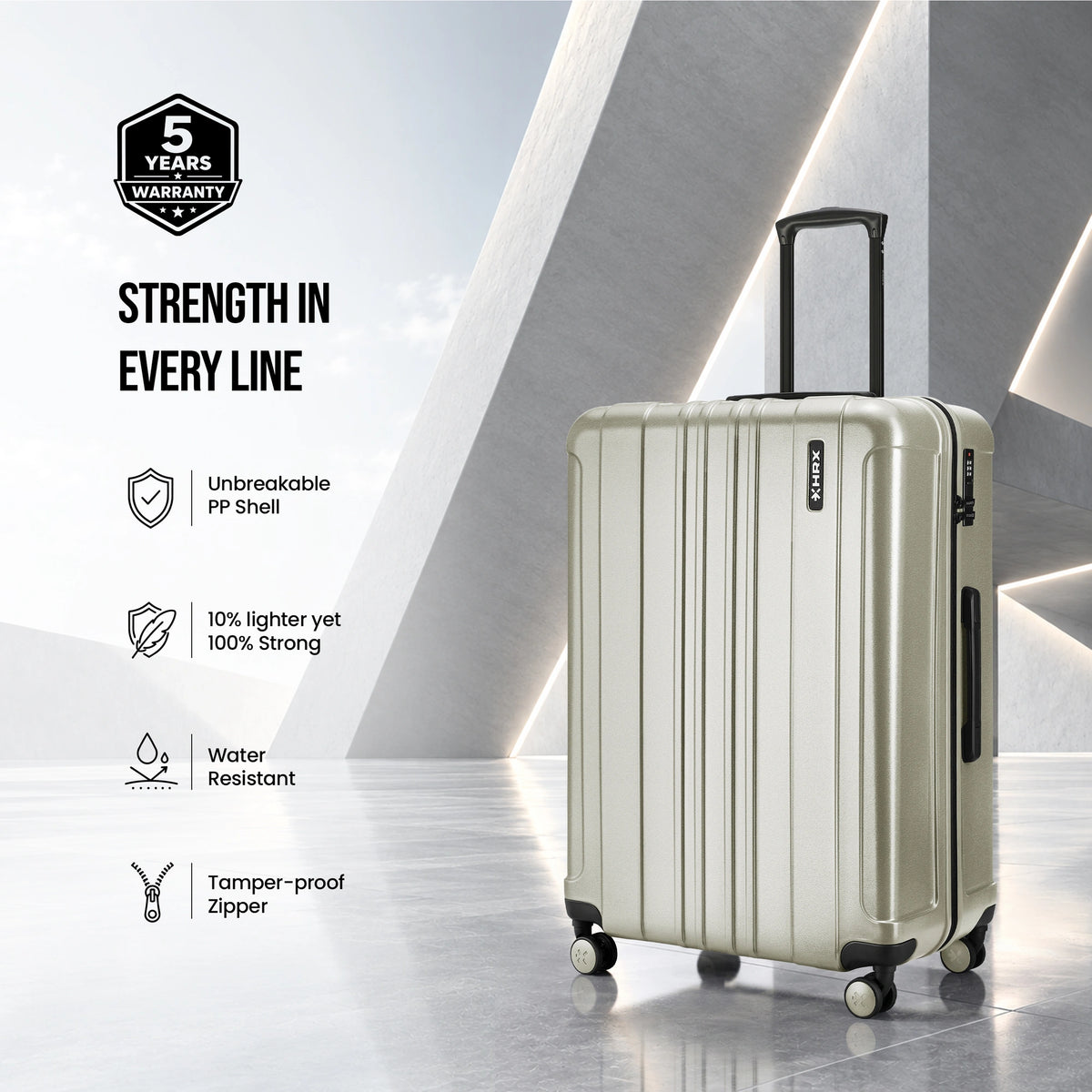 Light silver wheeled check-in suitcase with side handle, ridged PP shell, 8 wheels