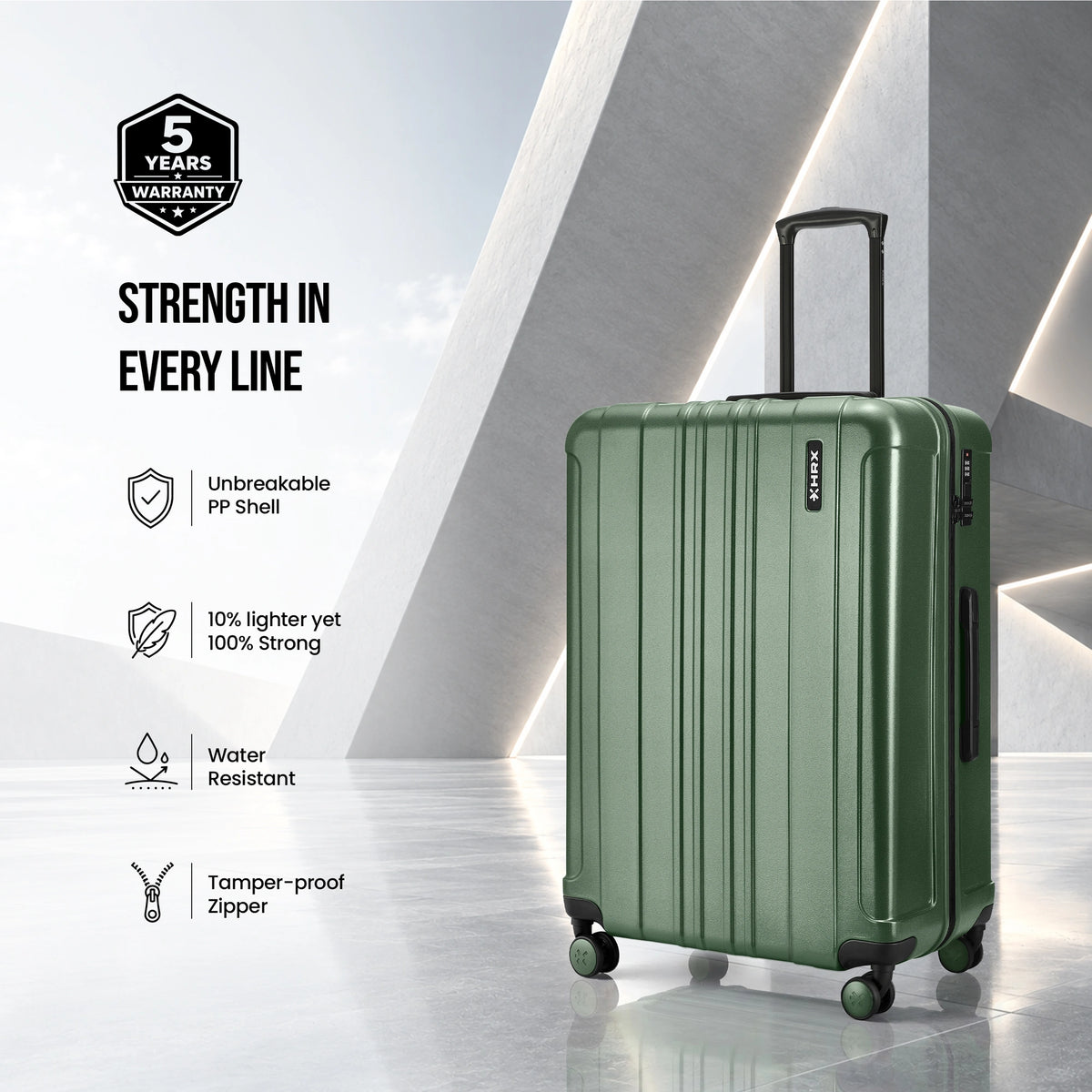 Dark green check-in suitcase with molded shell, upright handle, and spinner wheels