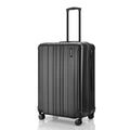 Black polycarbonate check-in suitcase with ridged shell, top handle, and 8 caster wheels