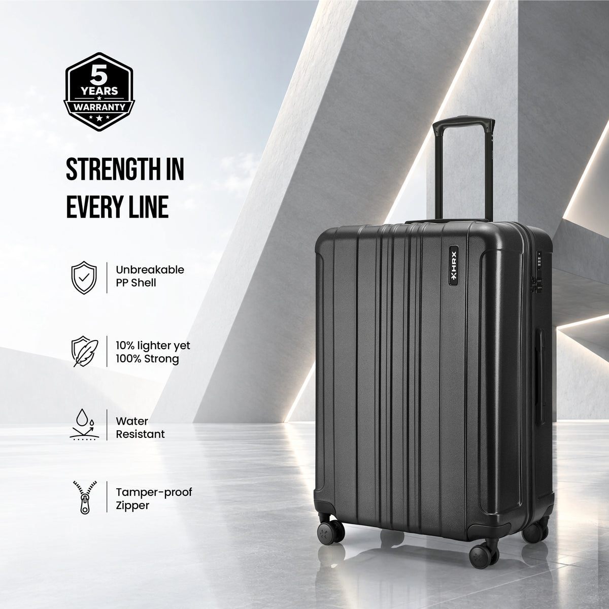 Dark hard-shell upright suitcase with side handle, vertical grooves, and spinner wheels