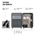 Open suitcase interior with compression straps, divider panels, and included shoe bag