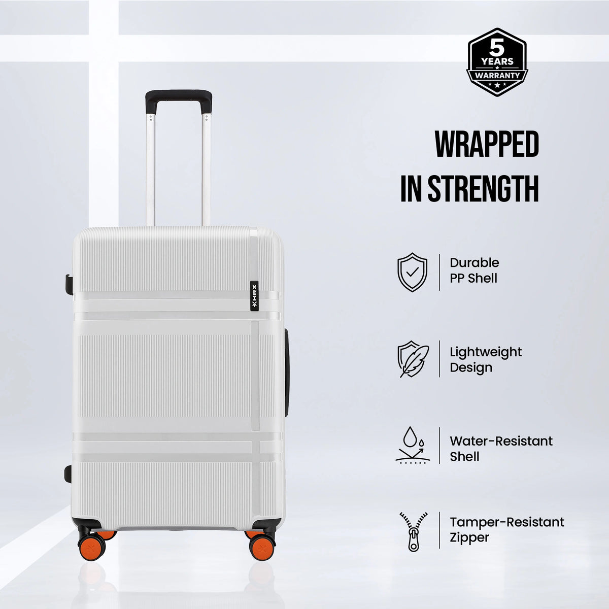 White polycarbonate suitcase front view with telescopic handle, 8 wheels, orange accents