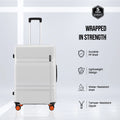 White polycarbonate suitcase front view with telescopic handle, 8 wheels, orange accents