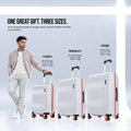 Set of three check-in suitcases with telescopic handles, white shell, orange wheel trim