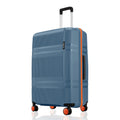 Blue hard-shell suitcase with side handle, telescopic handle, and four spinner wheels