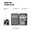 Blue suitcase open interior with packing compartments and compression straps