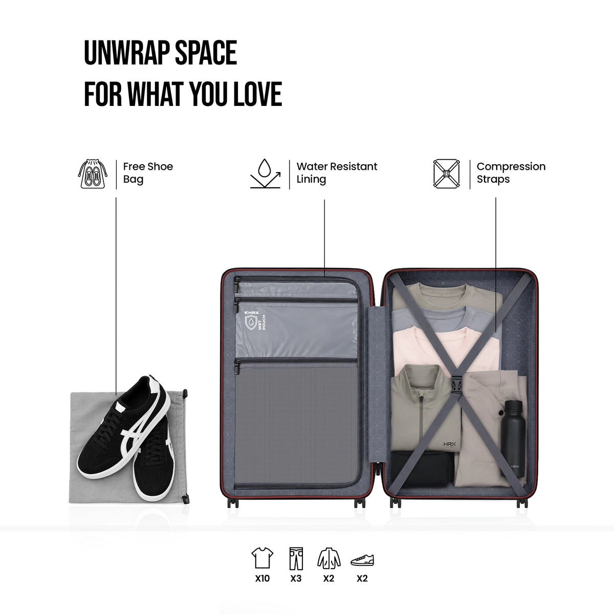 Medium hard-shell suitcase open interior with shoe bag pocket and compression straps