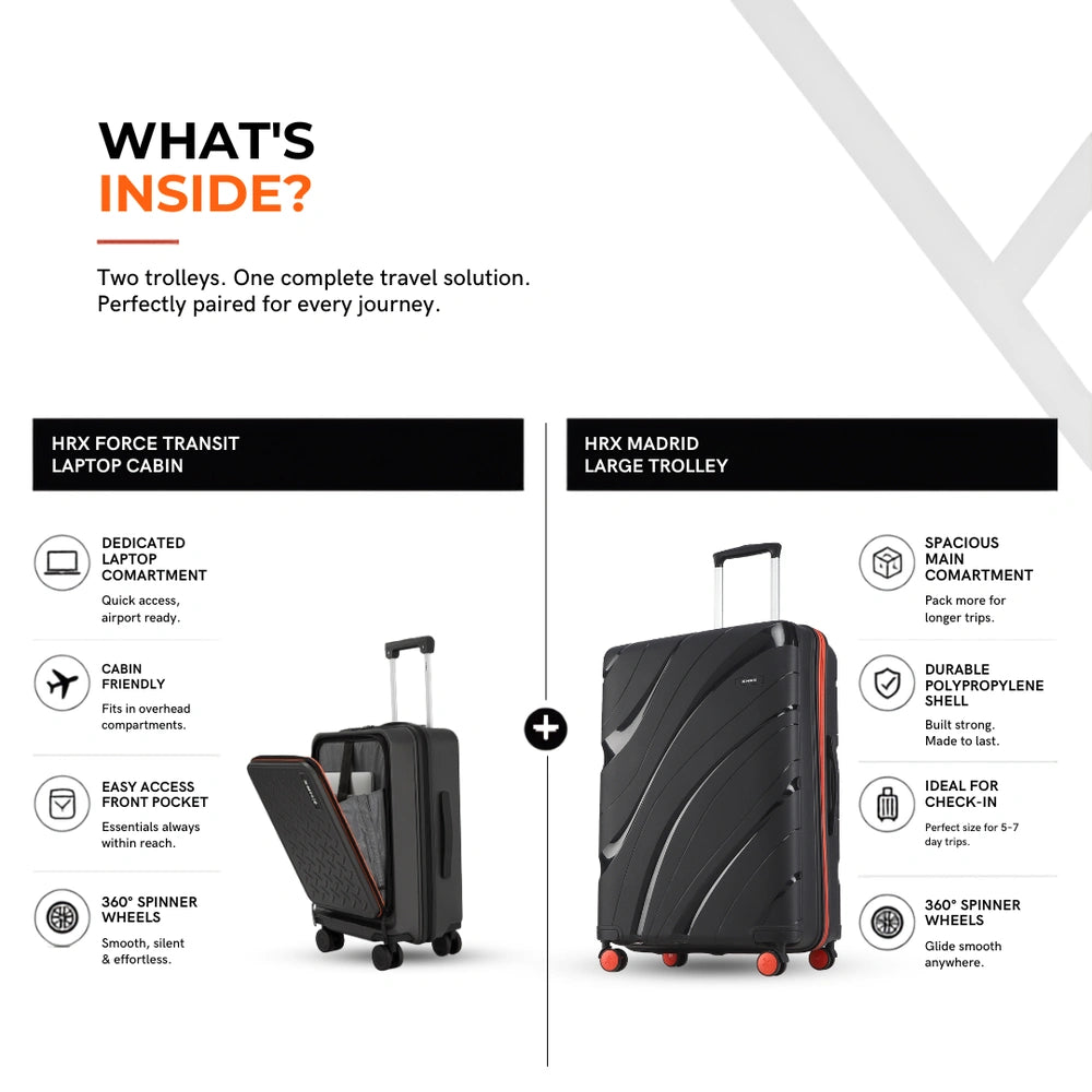 Two black hard-shell laptop travel trolleys with front and main compartments