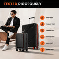 Black hard-shell trolley suitcase set with red wheels on caster feet