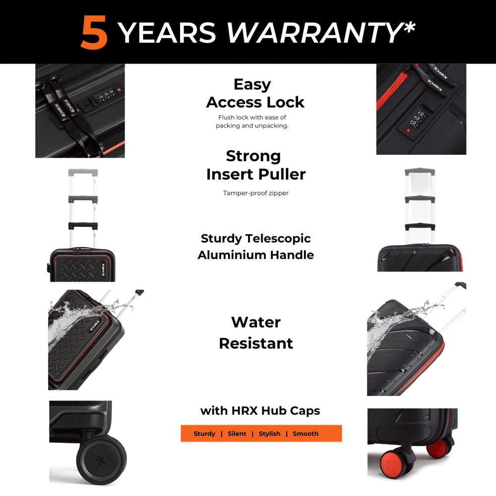 Black hard-shell trolley with telescopic handle and easy-access lock detail
