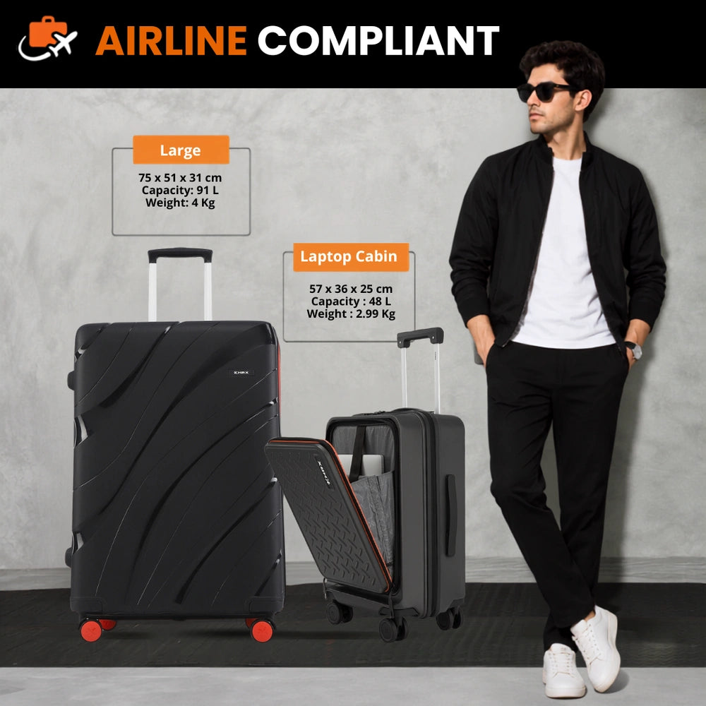 Black large hard-shell trolley suitcase with red wheels and telescopic handle