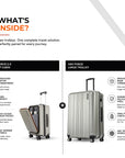 Silver trolley suitcase shown in front and side views, spinner wheels