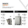 Silver trolley suitcase shown in front and side views, spinner wheels