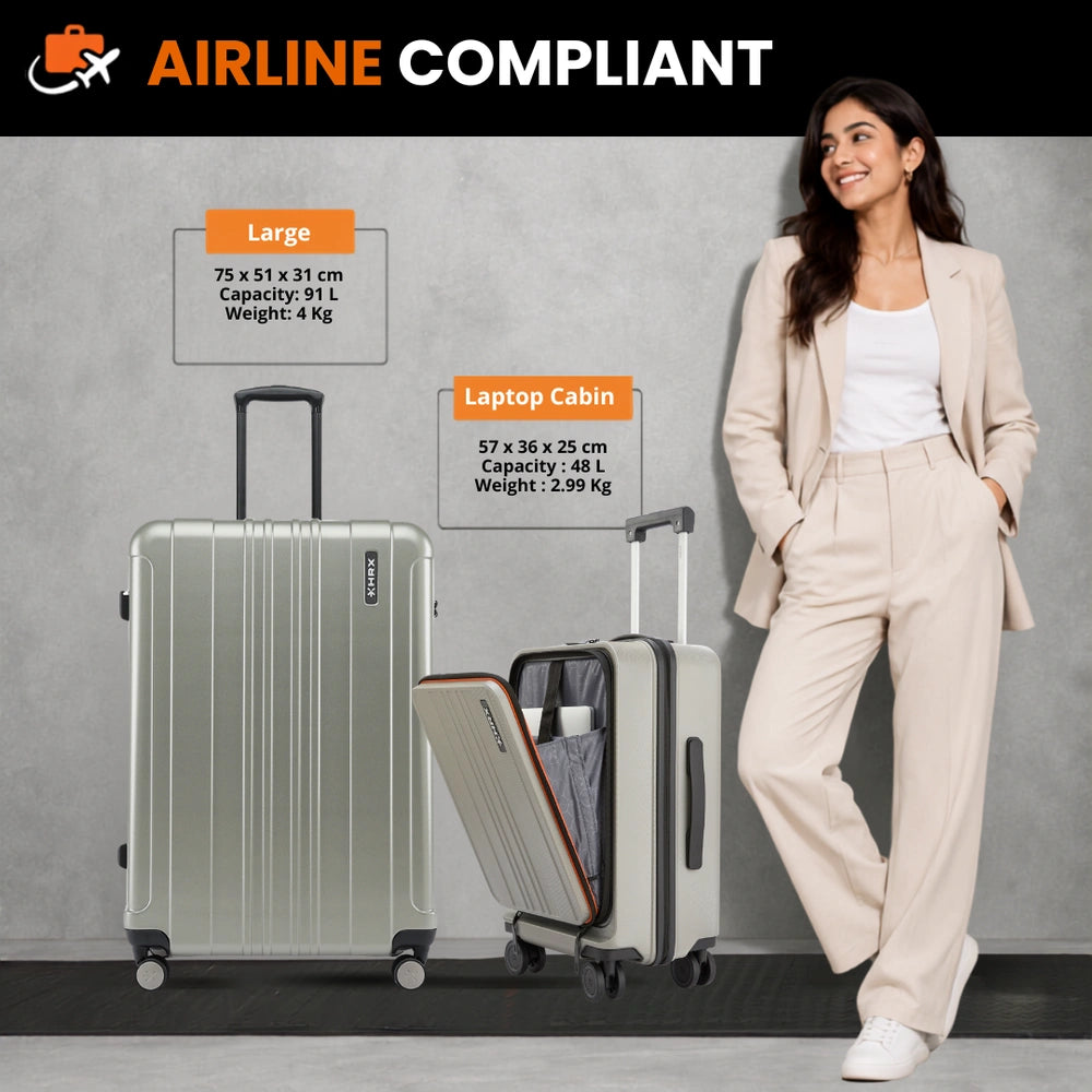 Silver large and carry-on trolley suitcase set with upright handles and spinner wheels