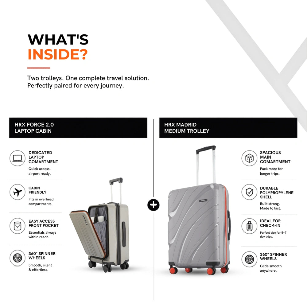 Two grey hard-shell spinner suitcases, one open with laptop compartment