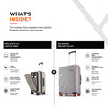 Two grey hard-shell spinner suitcases, one open with laptop compartment