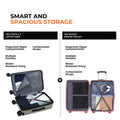 Grey hard-shell spinner suitcase with open interior storage compartments