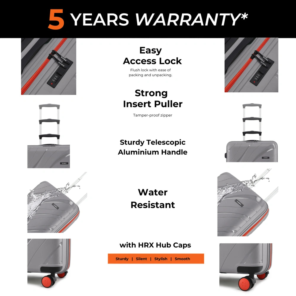 Grey hard-shell suitcase with telescopic aluminum handle, zipper, and red wheels