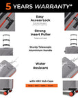 Grey hard-shell suitcase with telescopic aluminum handle, zipper, and red wheels
