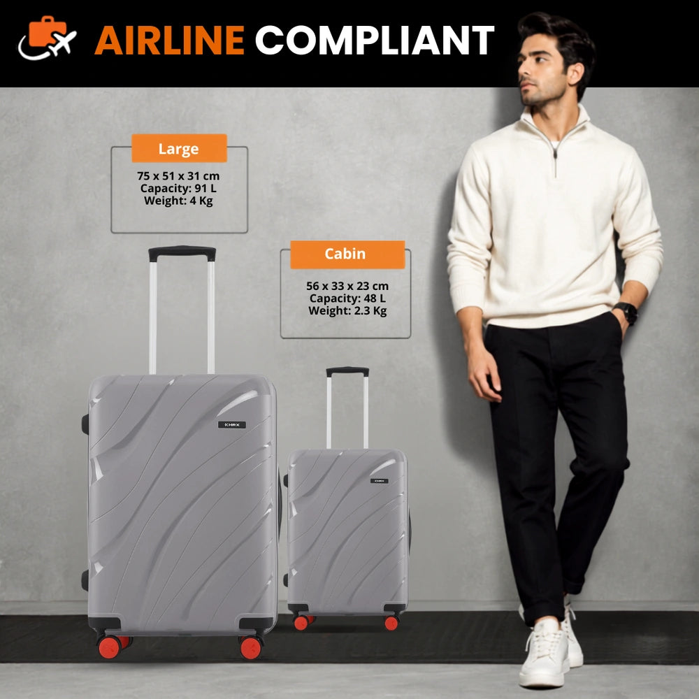 Grey cabin and large hard-shell rolling suitcases with telescopic handles and red wheels