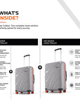 Grey cabin and large hard-shell rolling suitcases with telescopic handles and red wheels