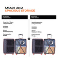 Grey hard-shell suitcases open, showing zip compartments and interior compression straps