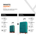 Teal hardshell large and cabin trolley suitcases with telescopic handles and spinner wheels.