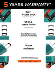Teal cabin trolley suitcase with telescopic handle, lock feature, and spinner wheels.