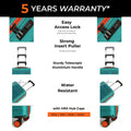 Teal cabin trolley suitcase with telescopic handle, lock feature, and spinner wheels.