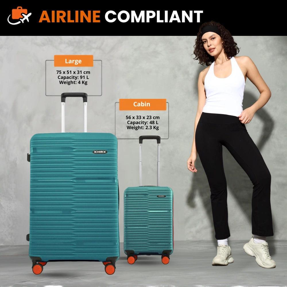 Teal hardshell large and cabin trolley suitcases side by side with telescopic handles.