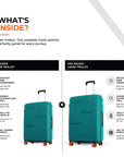 Two teal hard-shell trolley cases with telescopic handles, front views, and orange wheels