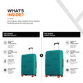 Two teal hard-shell trolley cases with telescopic handles, front views, and orange wheels