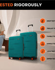 Teal hard-shell upright trolley cases with telescopic handles and orange wheels