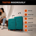 Teal hard-shell upright trolley cases with telescopic handles and orange wheels