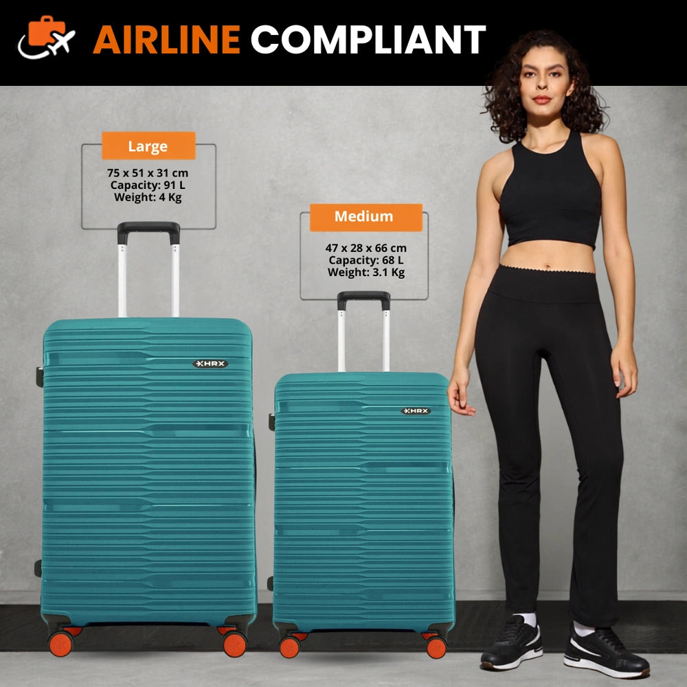 Teal upright hard-shell luggage set with telescopic handles and orange spinner wheels