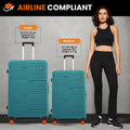 Teal upright hard-shell luggage set with telescopic handles and orange spinner wheels