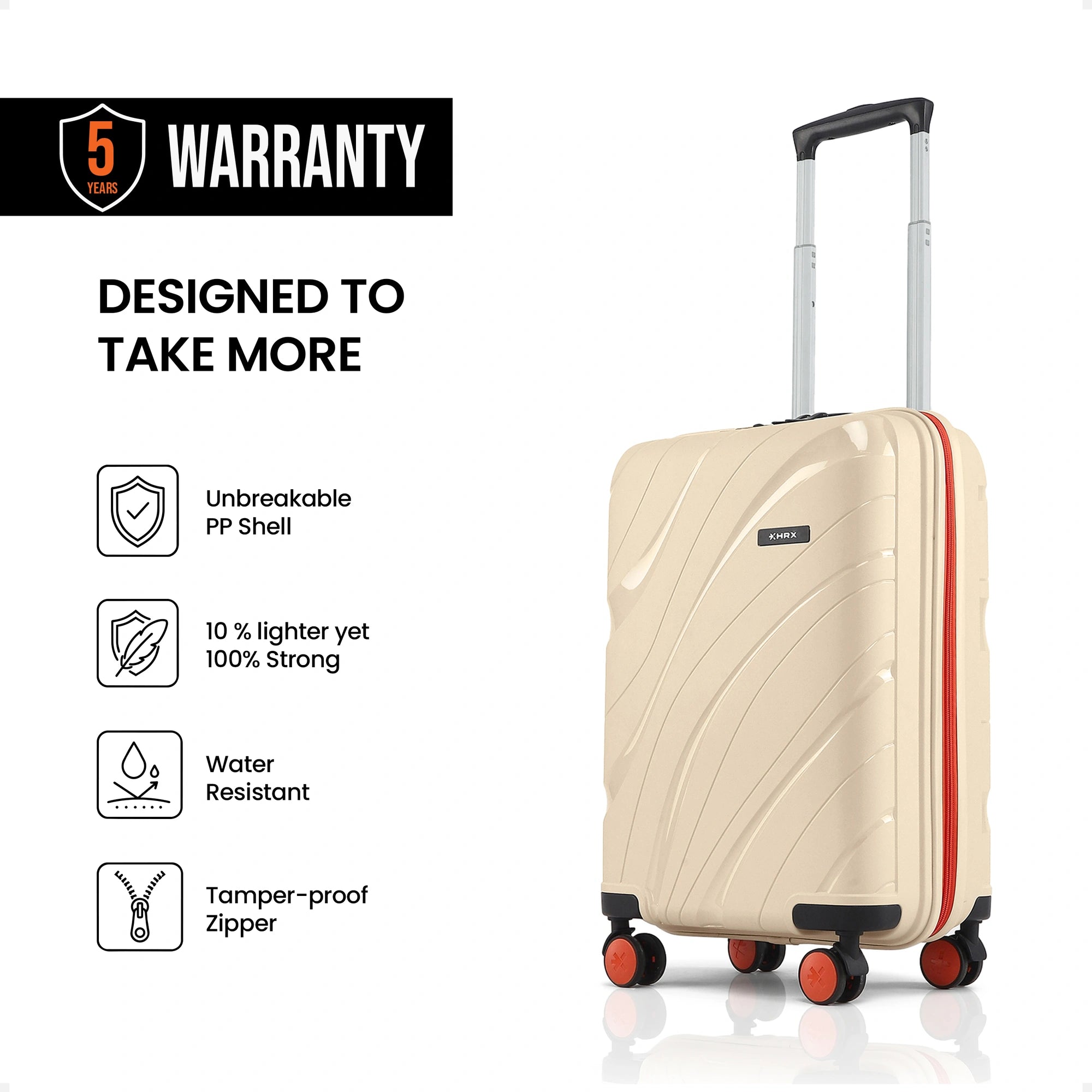 Beige cabin suitcase with ridged shell, telescopic handle, and red-accent wheels